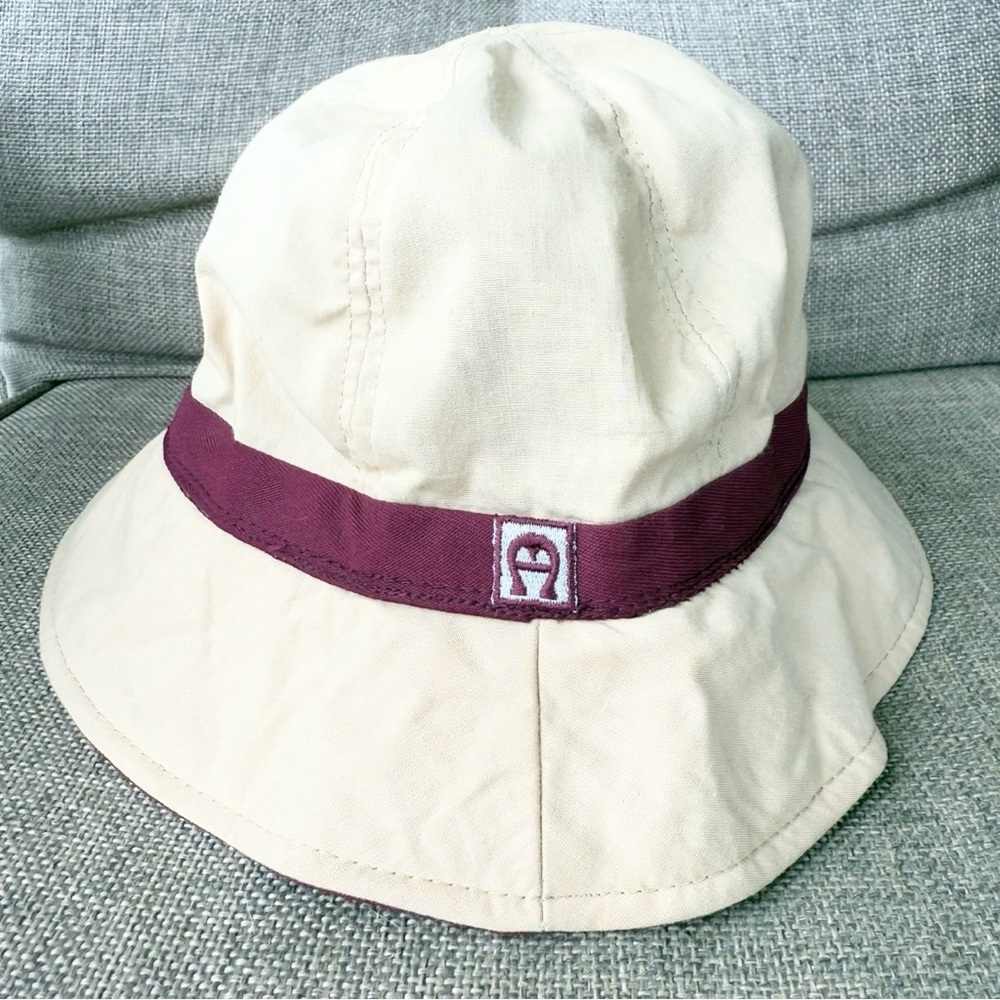 Vintage Etienne Aigner Bucket Rain Hat Beige Burgundy USA 70’s Unisex Medium